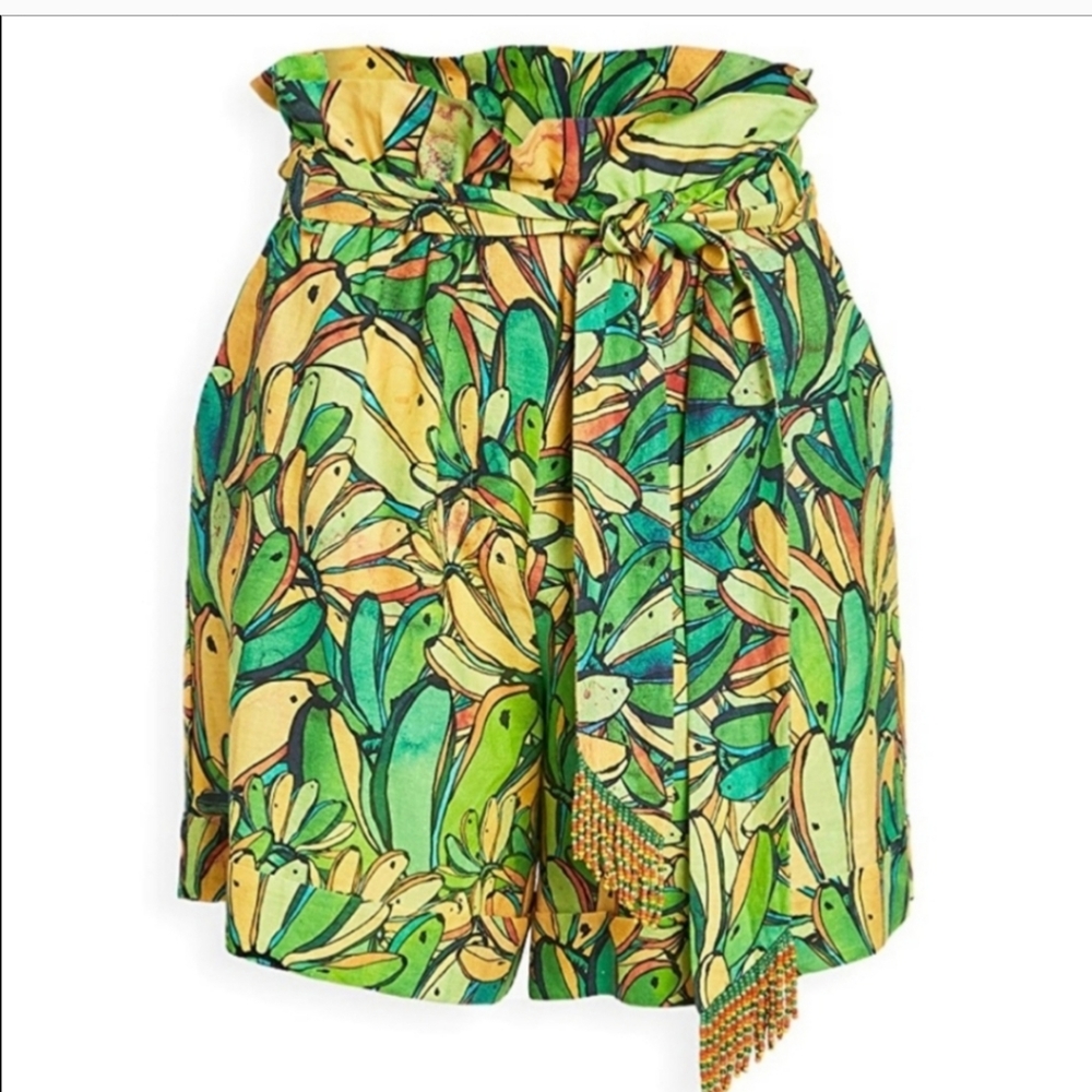 FARM Rio Green and Yellow Tropical Print Paperbag Waist Shorts